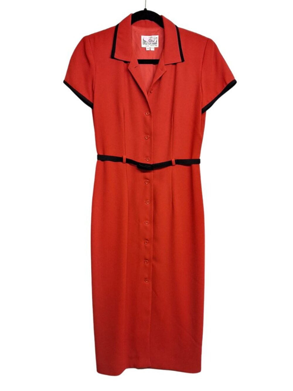 VTG DEPECHE MODE Red Dress Sheath Midi Button Front Short Sleeve Retro Dress 4P